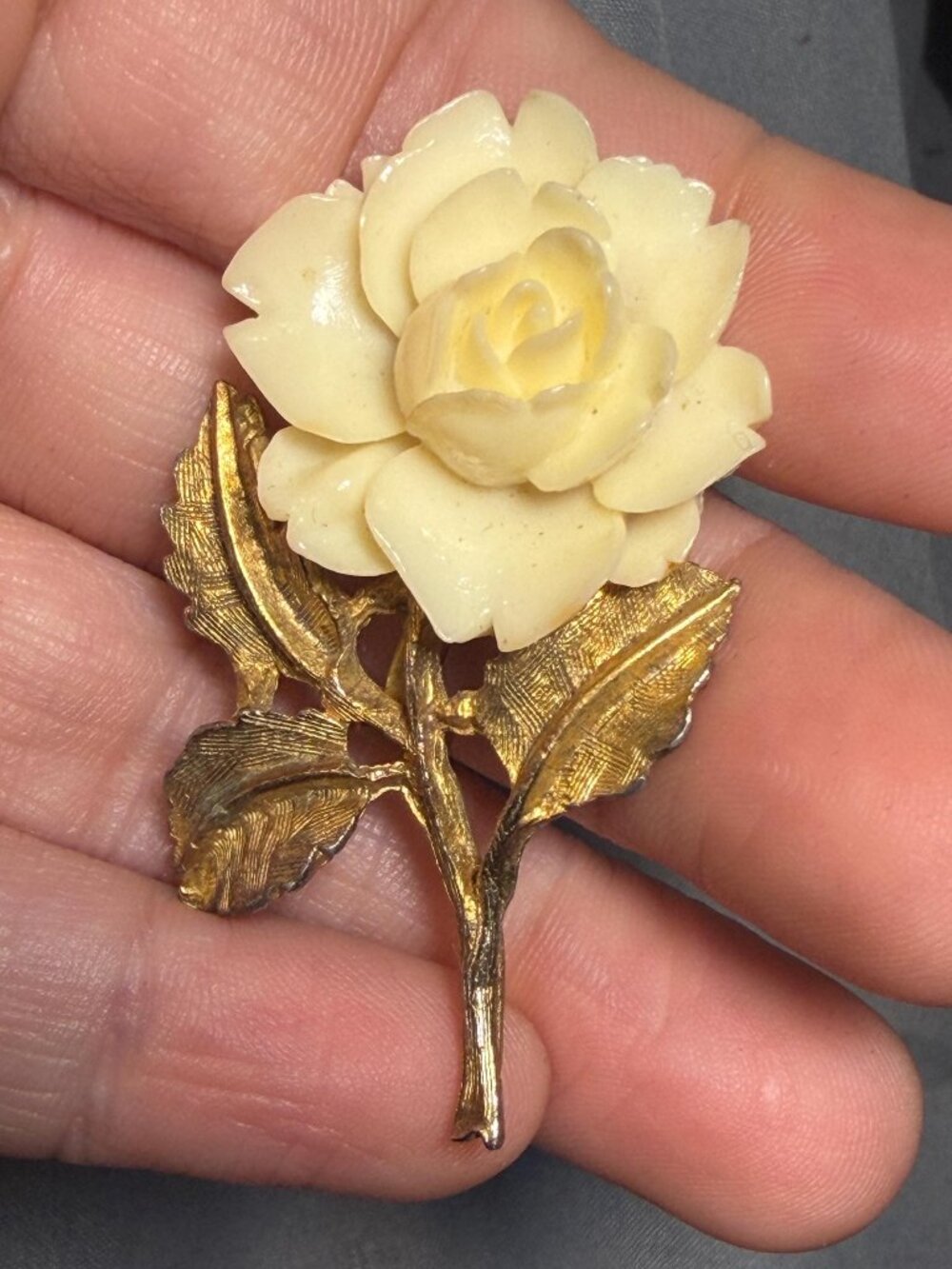 Rose Brooch Vintage Carved Celluloid Flower Signed AJC Gold Tone Pin 2”